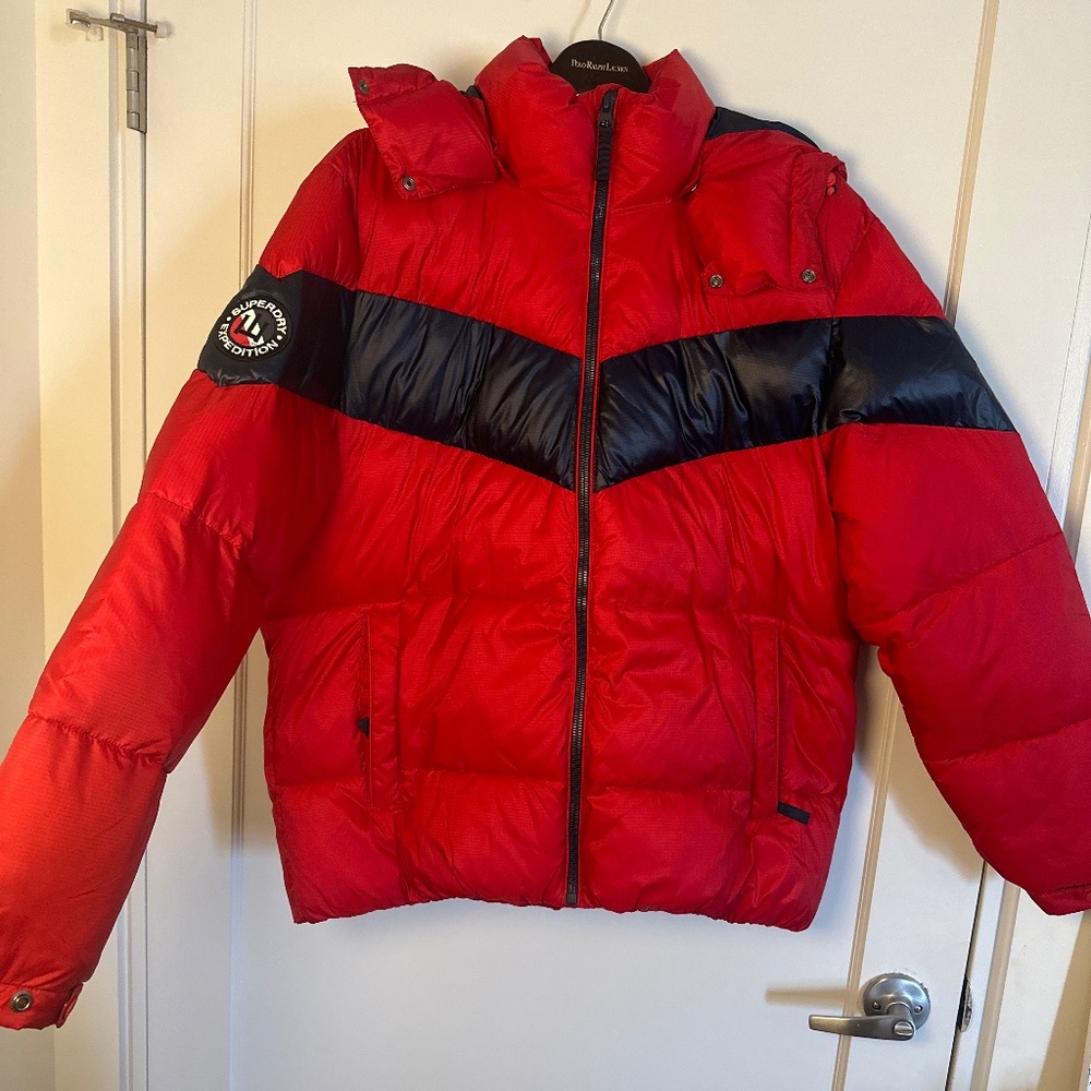 Super Dry Red Hooded Puffer Coat